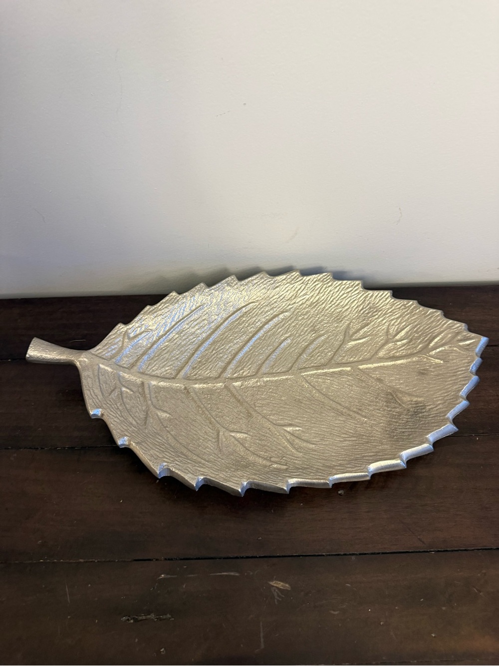Silver Tone Leaf Shaped Footed Decorative Tray 15" Made in India